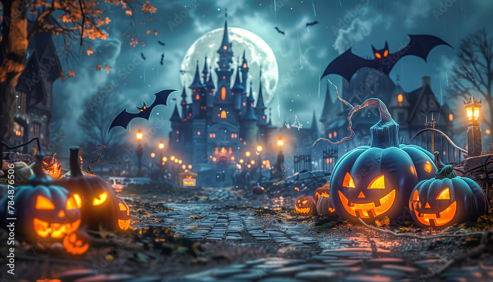 Halloween scene. Halloween party, with pumpkins and bats. Halloween scene. Halloween party, with pumpkins and bats.