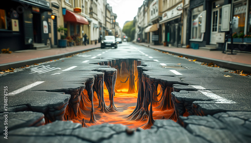 3D style pothole painting on asphalt. 3D drawing on the street. 3D street art. photo