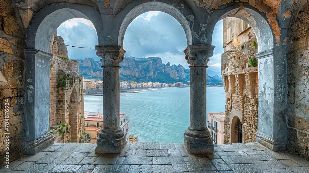 the grey sicilian city of Cefalu, view through an arcade to the sea and the other side of land with very old sicilian buildings and mountains in the background