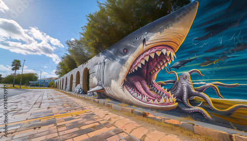 Shark drawing on a school wall.