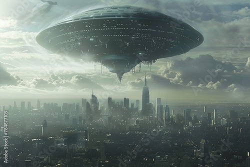 A giant alien spaceship over a city.