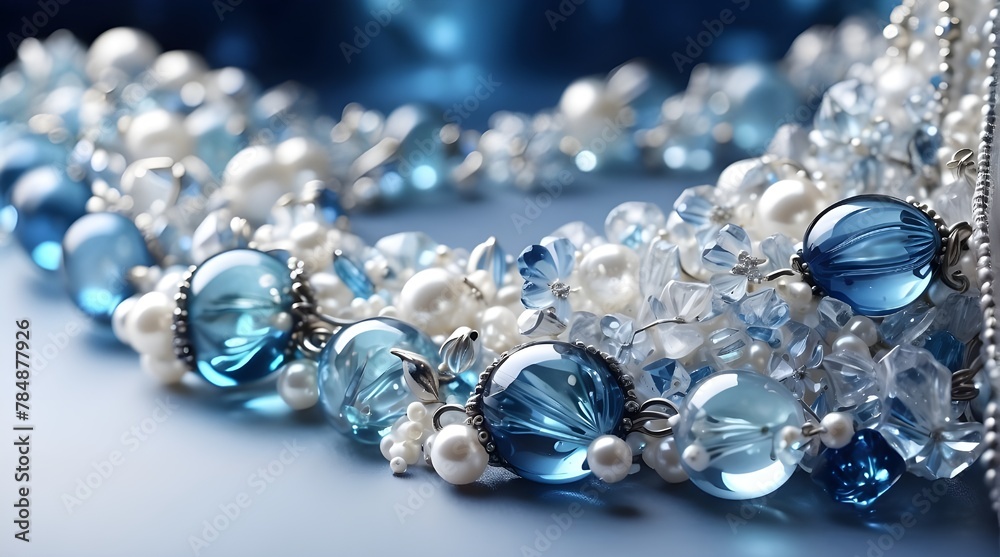Banner with a lovely background of white pearls, crystals, and clear, blue glass beads. Banner with a lovely background of white pearls, crystals, and clear, blue glass beads.