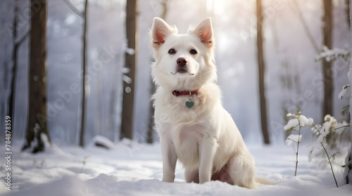 A young white puppy stands against a breathtaking background in a gorgeous snow-covered forest during the winter  creating an adorable and alluring scene. View MoreThrough TheWaterMeloonProjectc