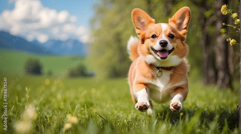 Gorgeous puppy red Corgi On a sunny spring day, Pembroke ambles over a verdant meadow with its jaws wide open.