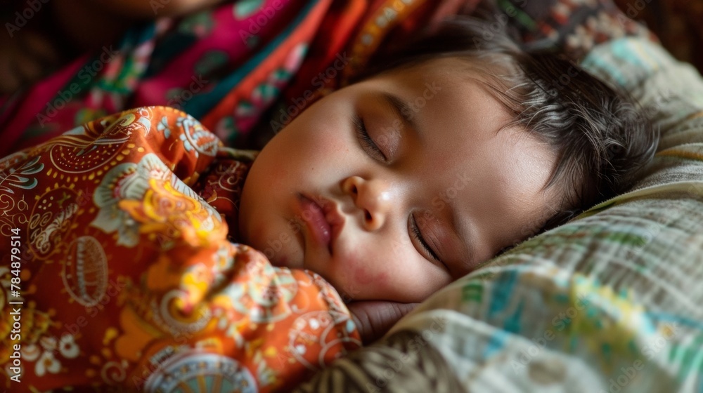 A newborn baby sleeps soundly her tiny body curled up in the crook of her mothers arm. Her face is peaceful with a slight pout on her lips as she dreams in her mothers warm embrace. . A newborn baby sleeps soundly her tiny body curled up in the crook of her mothers arm. Her face is peaceful with a slight pout on her lips as she dreams in her mothers warm embrace. .
