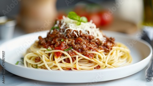 A plate of delicious Italian spaghetti topped with meat and sauce, perfect for food blogs, restaurant menus, and recipe websites.