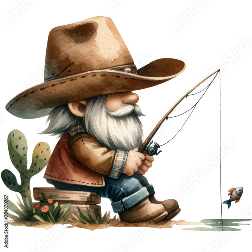A gnome wearing a cowboy hat is fishing in a pond. photo