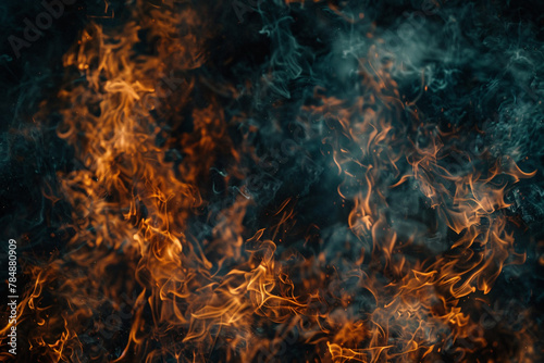 A close-up image of a forest fire, capturing vibrant red and orange flames against a dark background, evoking the intensity and power of nature's blaze