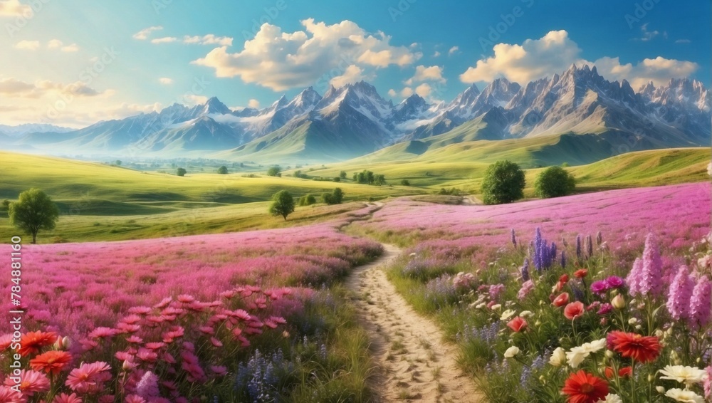 Beautiful flowers field landscape in the mountains