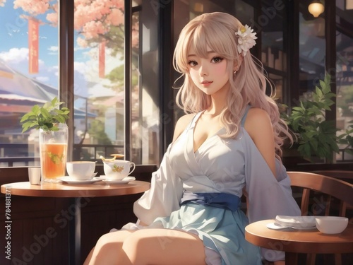 Cute sexy anime girl at tea shop