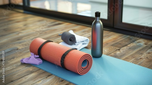 Vibrant Yoga Mat: A Colorful Oasis of Serenity on a Rustic Wooden Floor