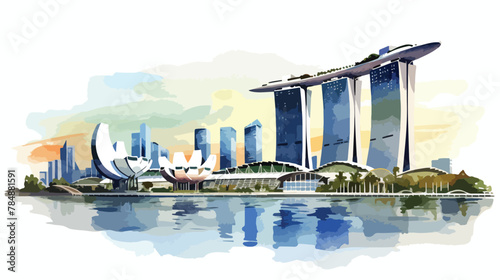 Watercolor sketch of Singapore marina bay sands in photo