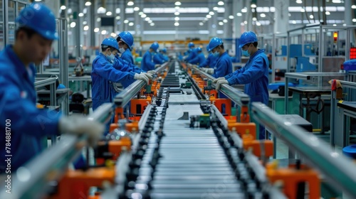 Efficient Production: Workers on a Bustling Assembly Line in Action