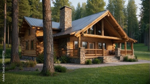 Tranquil log cabin in serene forest setting