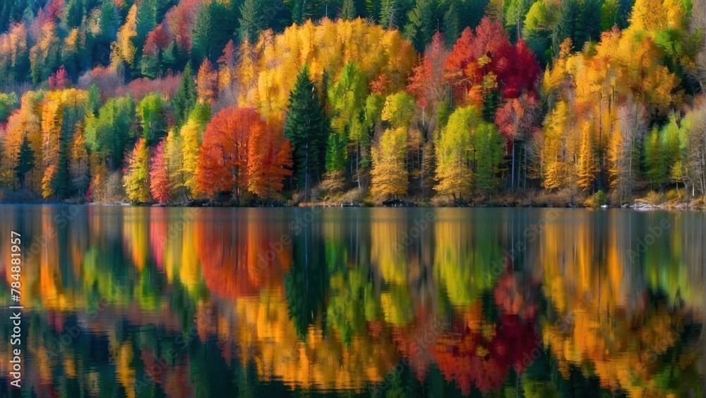 Fototapeta premium Reflection of autumn forest in calm lake waters