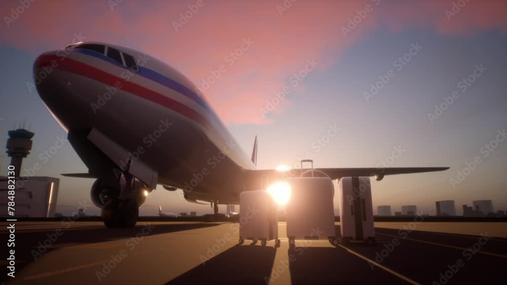 Suitcases Standing On Airstrip In Front Of An Airplane During A Evening. Brand New, White, Extremely Wealthy People Business Travel Class Suitcases Standing On Airstrip In Front Of An Airplane During A Evening. Brand New, White, Extremely Wealthy People Business Travel Class