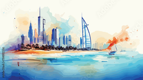 Watercolor sketch with splash of Jumeirah Beach wit photo