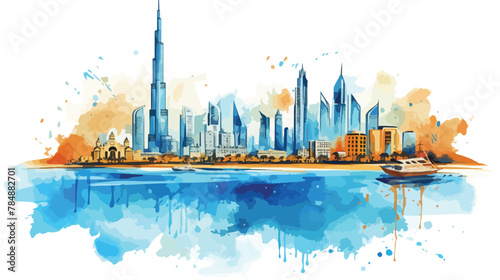 Watercolor splash with hand drawn sketch of Dubai U