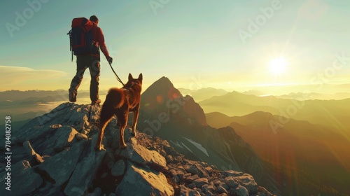 A dynamic shot of a hiker and their dog reaching the peak of a mountain, triumphant and united against the backdrop of a breathtaking vista.