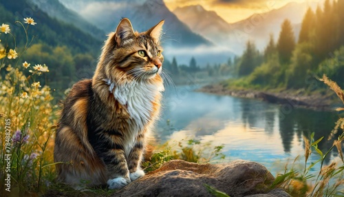 Gato domestico en la naturaleza, paseando un gato al lado del río, precioso gato mirando el horizonte en la naturaleza photo