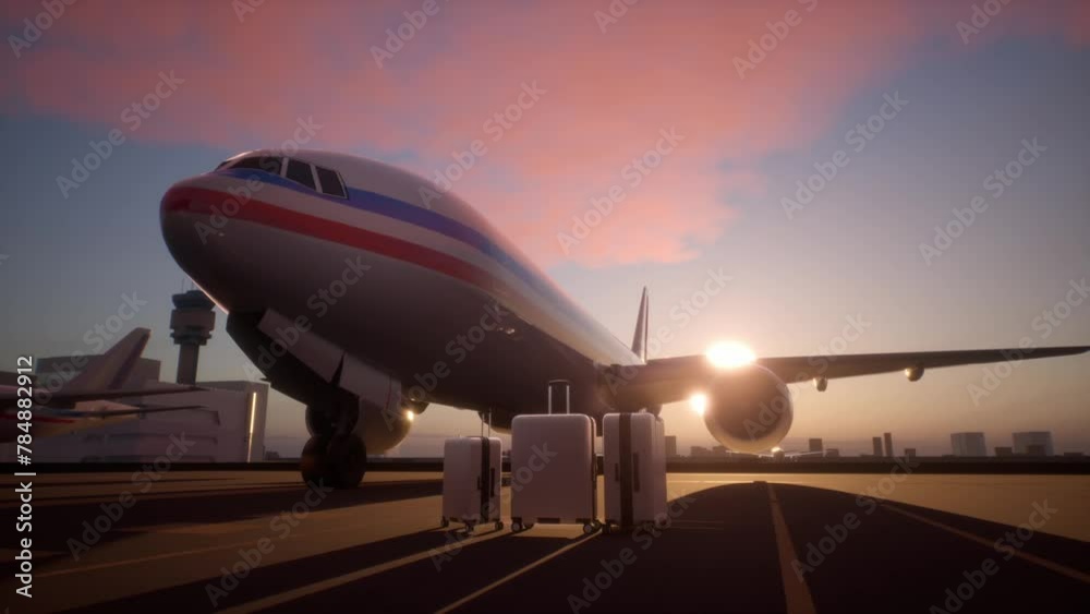 Suitcases Standing On Airstrip In Front Of An Airplane During A Evening. Brand New, White, Extremely Wealthy People Business Travel Class Suitcases Standing On Airstrip In Front Of An Airplane During A Evening. Brand New, White, Extremely Wealthy People Business Travel Class