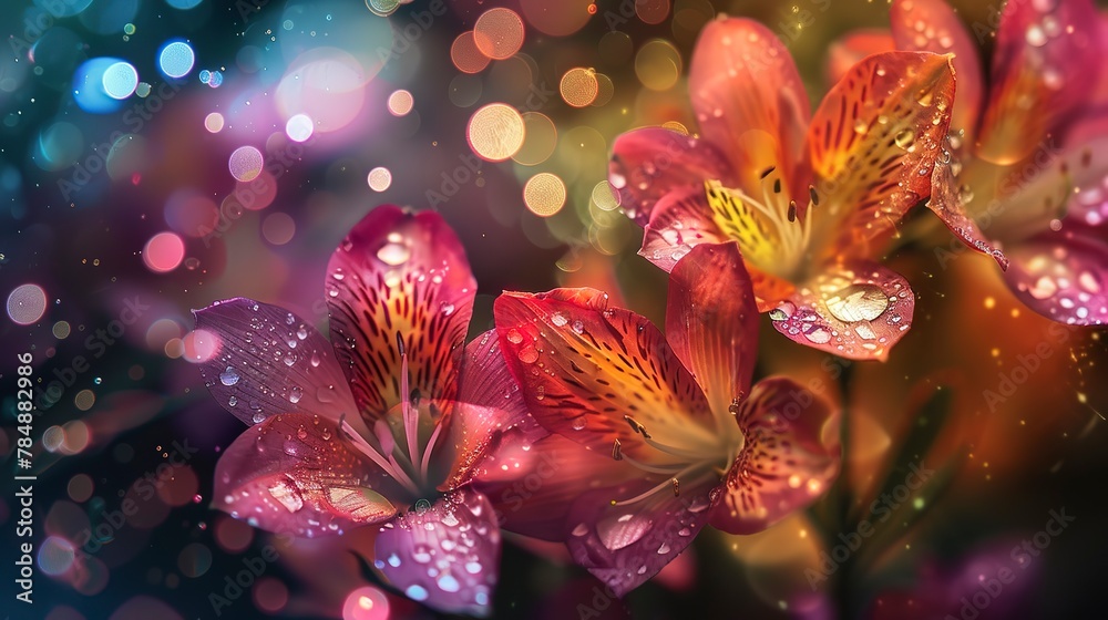 Macro abstract floral art, rainy season feel, droplets, moody lighting, vivid colors