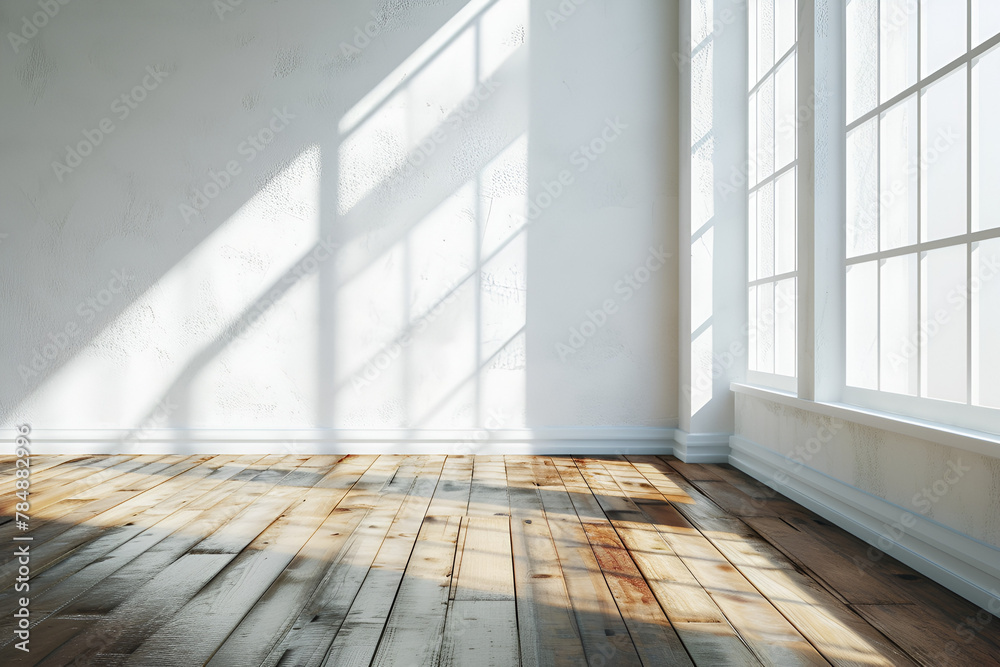 Empty White Wall and Wooden Floor with Window Rays Glare Empty White Wall and Wooden Floor with Window Rays Glare