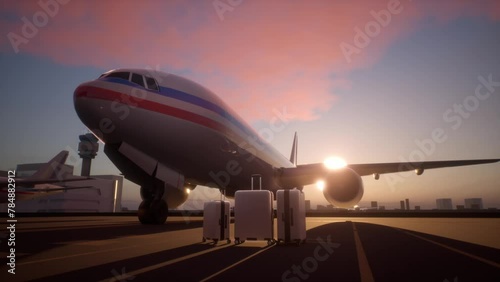 Wallpaper Mural Suitcases Standing On Airstrip In Front Of An Airplane During A Evening. Brand New, White, Extremely Wealthy People Business Travel Class Torontodigital.ca