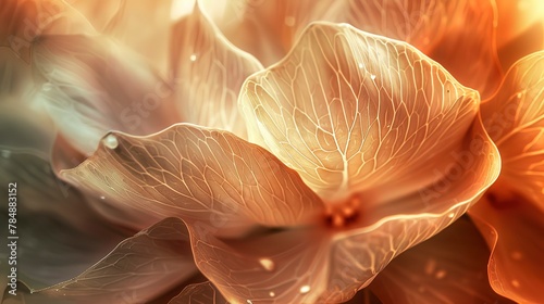 Macro abstract bloom, forest essence, leaf patterns, soft sunlight, earth tones