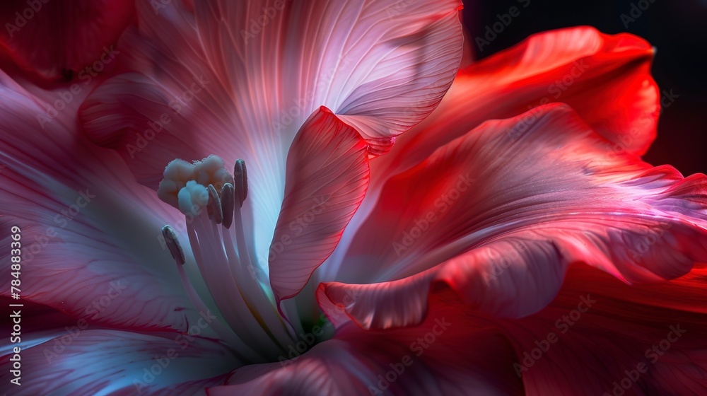 Close shot, abstract floral, avant-garde twist, bold contrasts, dramatic lighting, intense colors