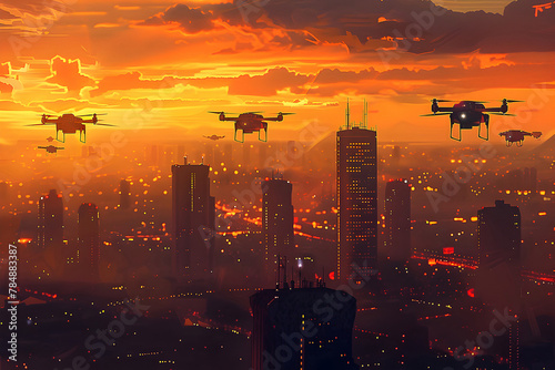 Futuristic Taxi Drones Soaring Above a Tranquil Cityscape at Dusk