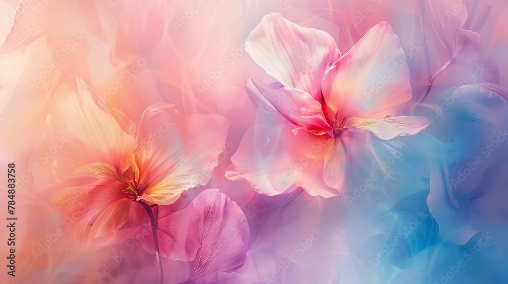Close up, abstract flower artistry, soft watercolor hues, dreamy blur, gentle light