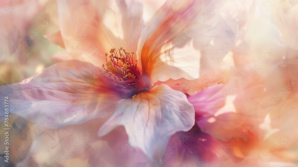 Close up, abstract flower artistry, soft watercolor hues, dreamy blur, gentle light 