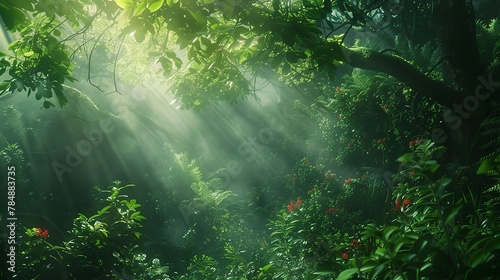 Tight angle on bloom, forest canopy theme, lush greens, sunbeam filters, serene focus © Thanthara