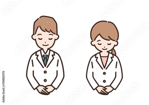 お辞儀をする白衣姿の男性と女性のイラスト＿上半身