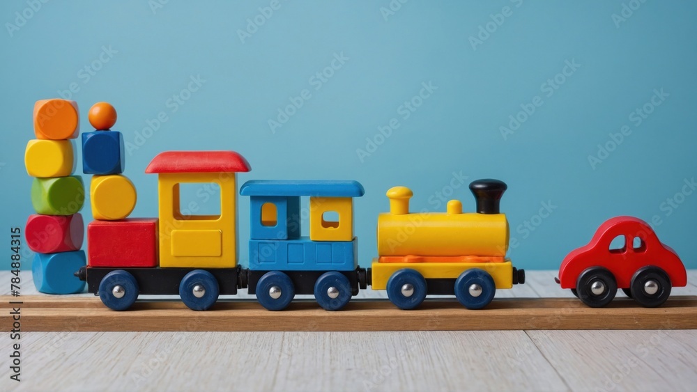 Playful Delights, Baby Kids Toys on Blue Background Playful Delights, Baby Kids Toys on Blue Background