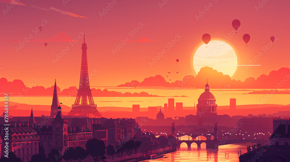 An illustration depicts Paris in a sunset capture