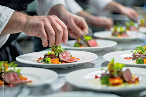 Art of Presentation: Chef's Hands Plating Lavish Dishes for Catering—A Focus on the Color and Texture of Food for Gourmets