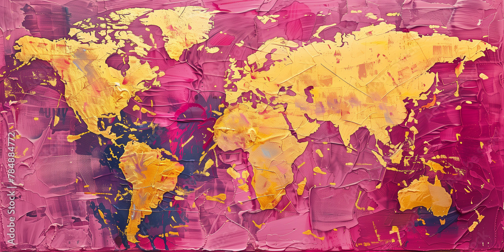 Crimson and Gold World Map: Textured Abstract Global Canvas - Artistic Geography for Cultural Education and Bold Travel-Inspired Decor