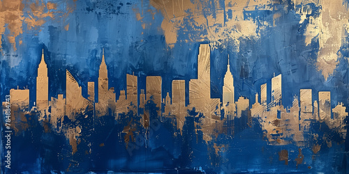 Urban Elegance: Abstract Cityscape in Blue and Gold - Modern Metropolis Art for Contemporary Interior Design and Architectural Inspiration