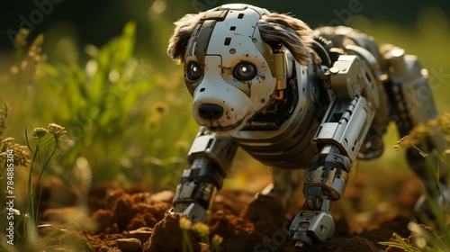 A dog is running through a field with a camera attached to its back. The dog appears to be enjoying the activity and is focused on the camera