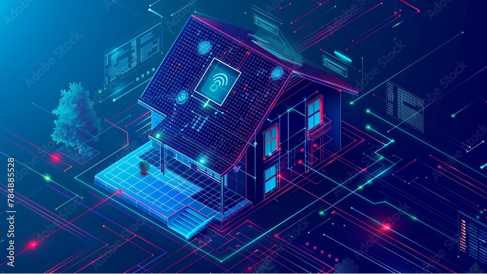 © CNISAK - Smart home isometric concept. Private house consists digits code. Cyber Safety of internet of things of country house. Digital protection of smart home system. IOT Technology banner or background. © CNISAK - Smart home isometric concept. Private house consists digits code. Cyber Safety of internet of things of country house. Digital protection of smart home system. IOT Technology banner or background.