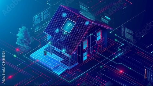 Smart home isometric concept. Private house consists digits code. Cyber Safety of internet of things of country house. Digital protection of smart home system. IOT Technology banner or background.