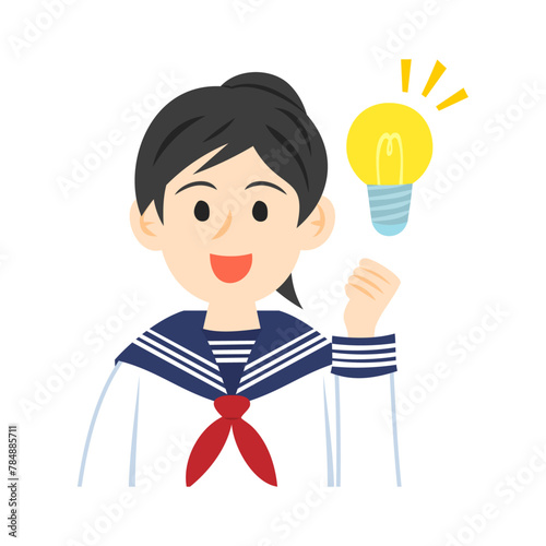 電球を浮かべるセーラー服を着た中学生の顔。フラットなベクターイラスト。
Face of a middle school student wearing a sailor suit, with a light bulb beside. Flat vector illustration.