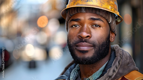 African American Construction Worker Portrait of Determination and Hard Work in New York City photo