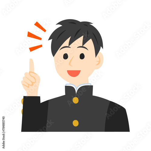 人差し指を立てる学ランを着た中学生の顔。フラットなベクターイラスト。
Face of a middle school student wearing a school uniform, pointing with his index finger. Flat vector illustration.