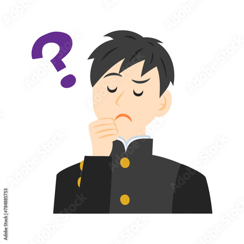 クエスチョンマークを浮かべる学ランを着た中学生の顔。フラットなベクターイラスト。
Face of a middle school student wearing a school uniform, with a question mark beside. Flat vector illustration.