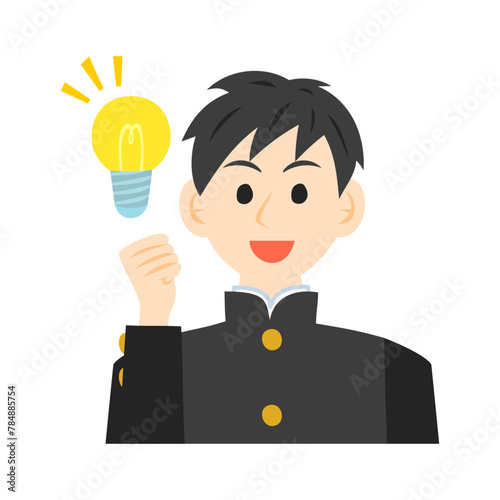 電球を浮かべる学ランを着た中学生の顔。フラットなベクターイラスト。
Face of a middle school student wearing a school uniform, with a light bulb beside. Flat vector illustration.