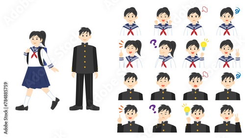 学ランやセーラー服を着た中学生。フラットなベクターイラストセット。
Middle school students wearing a school uniform or sailor suit. Flat vector illustration set.