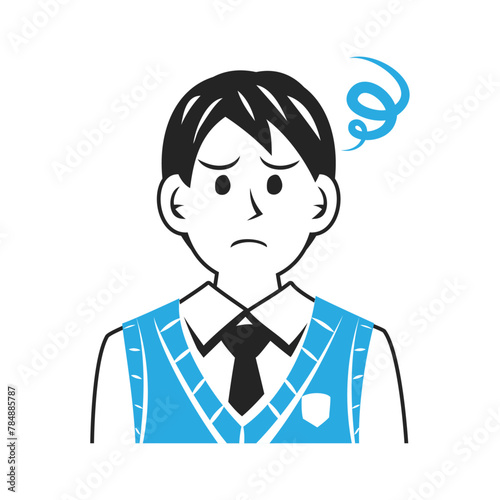 ベストを着た悩む中学生の顔。シンプルなベクターイラスト。
Face of a troubled middle school student wearing a vest. Simple vector illustration.